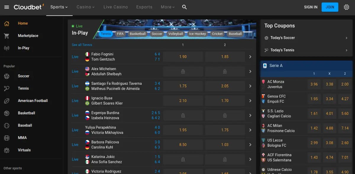 Cloudbet Sportsbook Screenshot: Experience a wide range of betting options, competitive odds, and fast payouts with Cloudbet's user-friendly sportsbook platform.