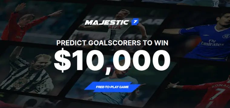 A captivating banner depicting the majestic crest of the Premier League superimposed over a golden crown. The banner boldly declares 'Predict, Win, Reign: Join FortuneJack's Majestic 7 Competition for a Chance at $10,000' against a backdrop of vibrant blue and gold colors.