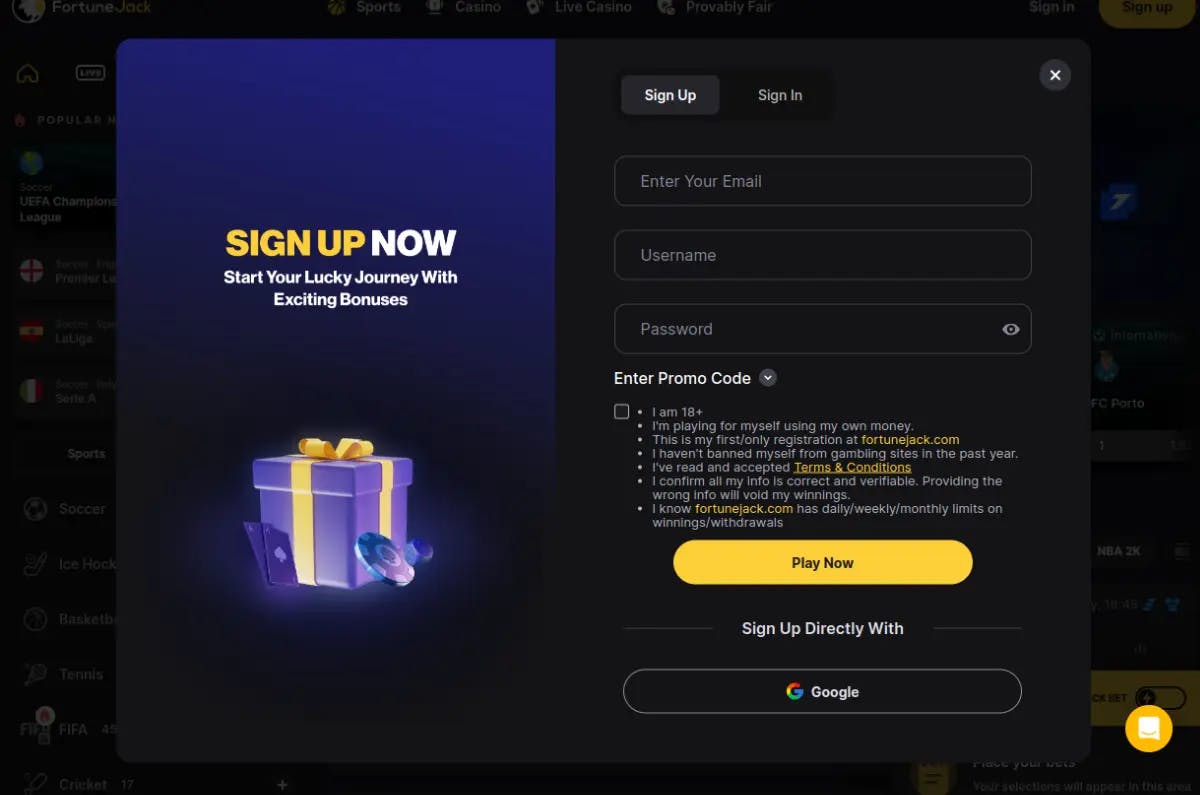 FortuneJack's user-friendly registration page seamlessly guides new players through the process of creating an account and embarking on their crypto gambling journey. The page features a clean and modern design, with clear instructions and a prominent 'Sign up' button.