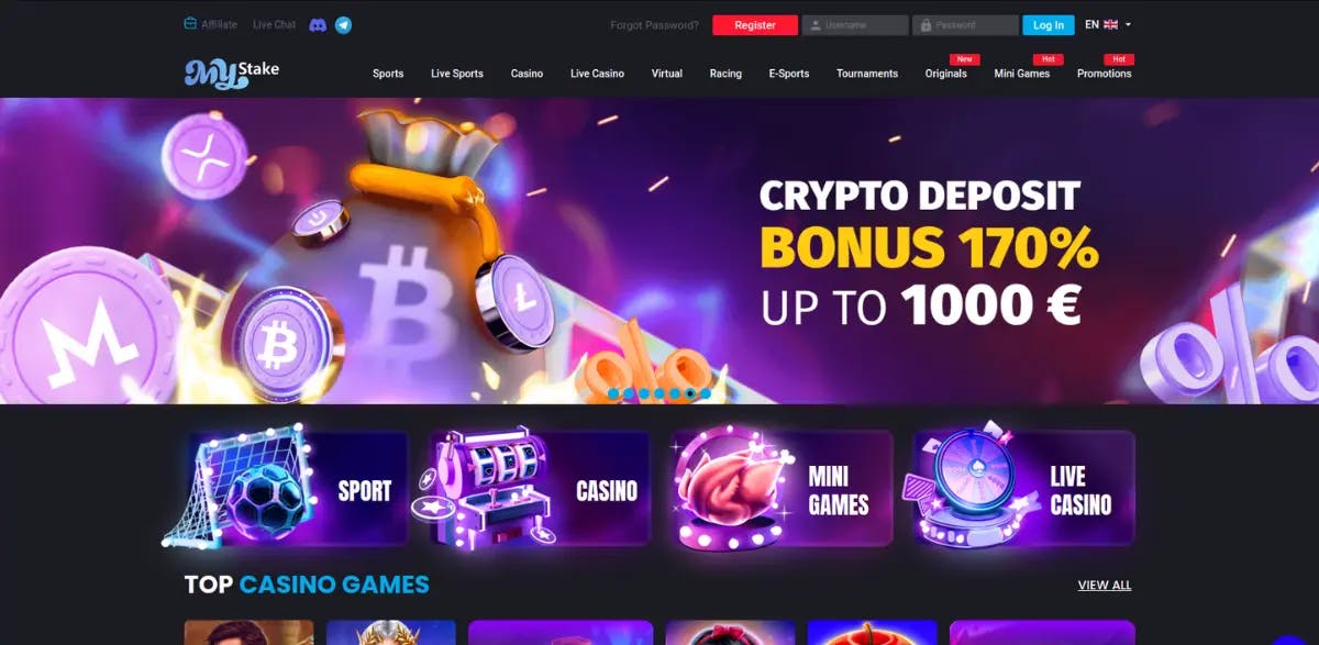 MyStake Casino Homepage featuring a vibrant display of cryptocurrency symbols and a 170% Crypto Deposit Bonus advertisement up to 1000€.