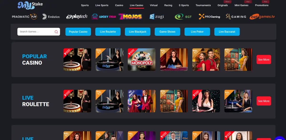 Screenshot of the MyStake live casino games selection page, featuring various games like roulette, blackjack, game shows, poker, and baccarat. The games are represented by colorful tiles with images of live dealers, game logos, and game equipment.