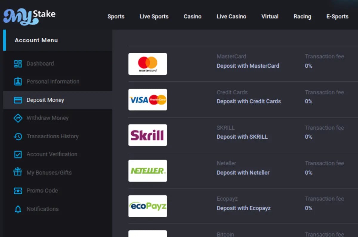 Screenshot of the MyStake Casino account deposit page, displaying a user-friendly interface with a list of deposit methods including MasterCard, Visa, Skrill, Neteller, EcoPayz, and Bitcoin, all with a 0% transaction fee, highlighting the casino's commitment to hassle-free and cost-effective payment options for users.