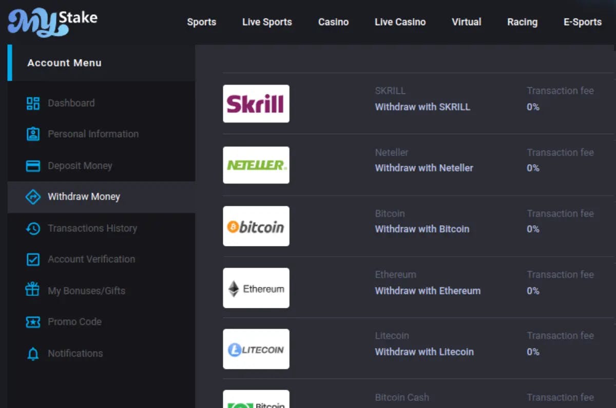 Screenshot of MyStake Casino's withdrawal page featuring a list of payment methods including Skrill, Neteller, Bitcoin, Ethereum, Litecoin, and Bitcoin Cash, all prominently displaying a 0% transaction fee, reflecting the casino's commitment to cost-effective and convenient cashouts for players.