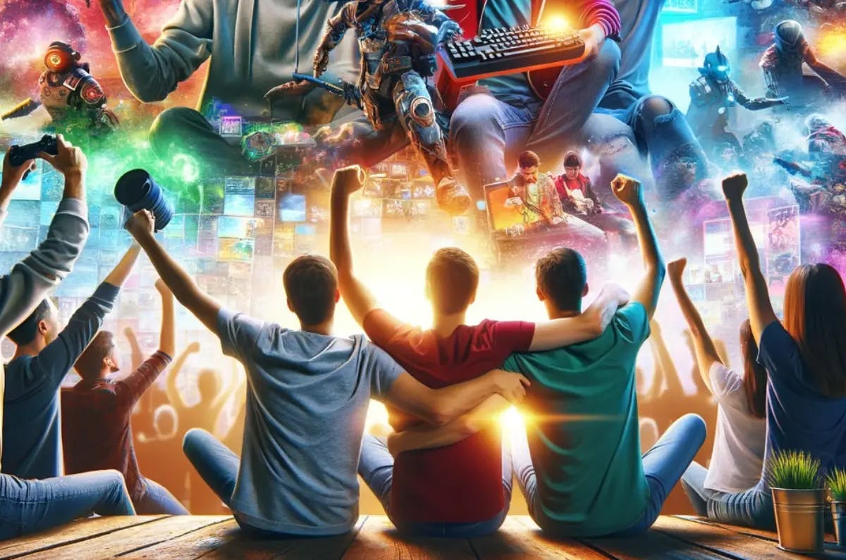 Joyful gamers celebrating a victory with raised hands in front of a vibrant collage of various exciting gaming moments, symbolizing communal fun and the thrill of igaming.