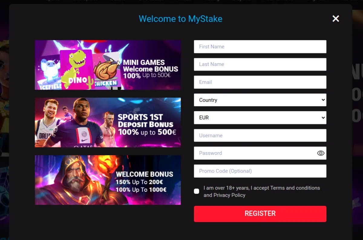 MyStake Casino registration form with vibrant promotional banners for Mini Games and Sports Deposit Bonuses.