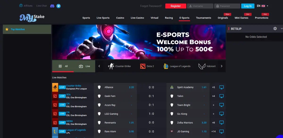 Screenshot of MyStake's eSports betting platform displaying live matches for popular games like Counter-Strike and League of Legends, with a vibrant promotion for an eSports welcome bonus, indicating a dynamic and engaging online betting environment for eSports enthusiasts.