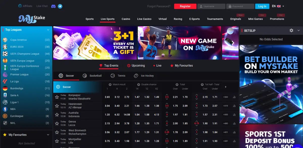 Screenshot of MyStake Sportsbook showcasing the user-friendly interface with access to a wide range of sports betting options including soccer, basketball, and tennis, alongside features like live betting, bet builder, and top leagues like UEFA Champions League and Copa America.
