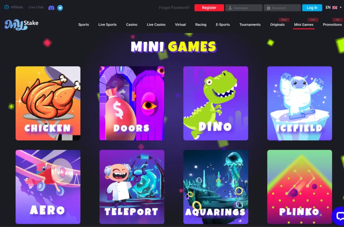 Colorful array of MyStake Casino's mini-games interface showcasing animated game icons like 'Chicken', 'Doors', 'Dino', and 'Icefield'.