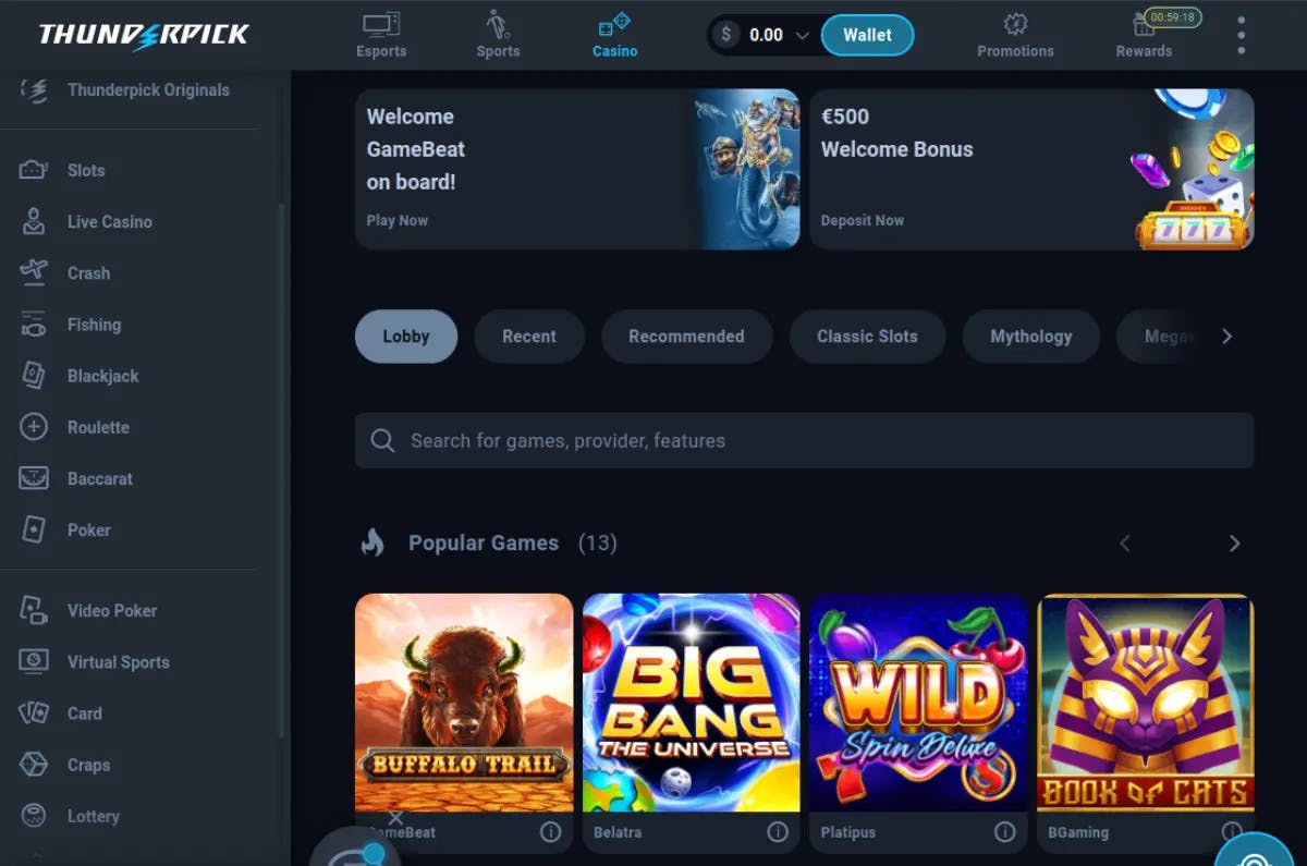 Screenshot of Thunderpick Casino's homepage displaying a welcome message, a €500 welcome bonus promotion, and a selection of popular games like 'Buffalo Trail' and 'Book of Cats,' all within the sleek and user-friendly web interface.