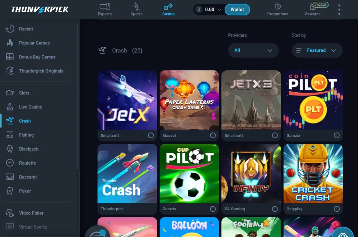 Screenshot showing a selection of Thunderpick Casino's crash games, featuring game thumbnails for 'JetX', 'Paper Lanterns Crash Game', and others, with vibrant graphics and a navigation sidebar for different casino game categories.