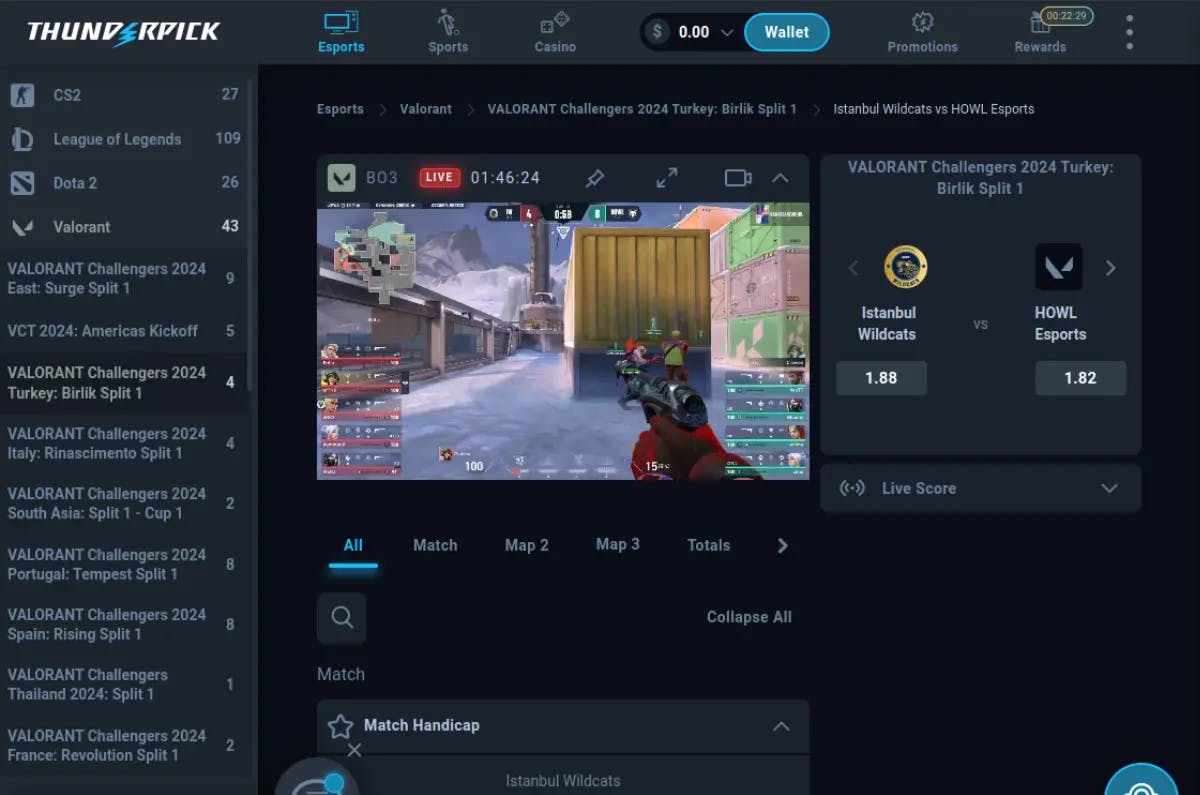 Screenshot of a live Valorant match stream on Thunderpick's eSports betting platform, featuring in-game action, live betting odds for Istanbul Wildcats vs HOWL eSports, and various betting options within the user-friendly Thunderpick interface.