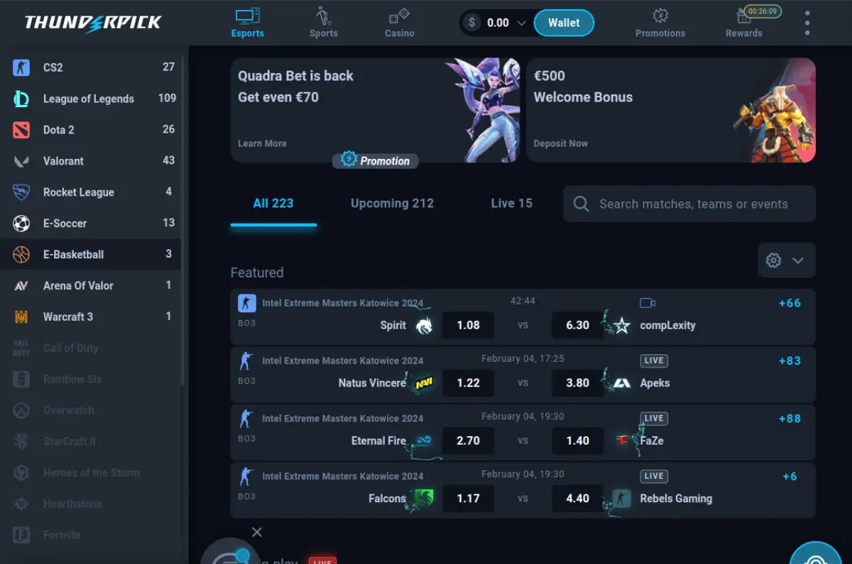 Screenshot showing Thunderpick's eSports betting section with a variety of games listed, including CS2, League of Legends, and Dota 2, and featured matches from the Intel Extreme Masters Katowice 2024, alongside promotional offers and bonuses.