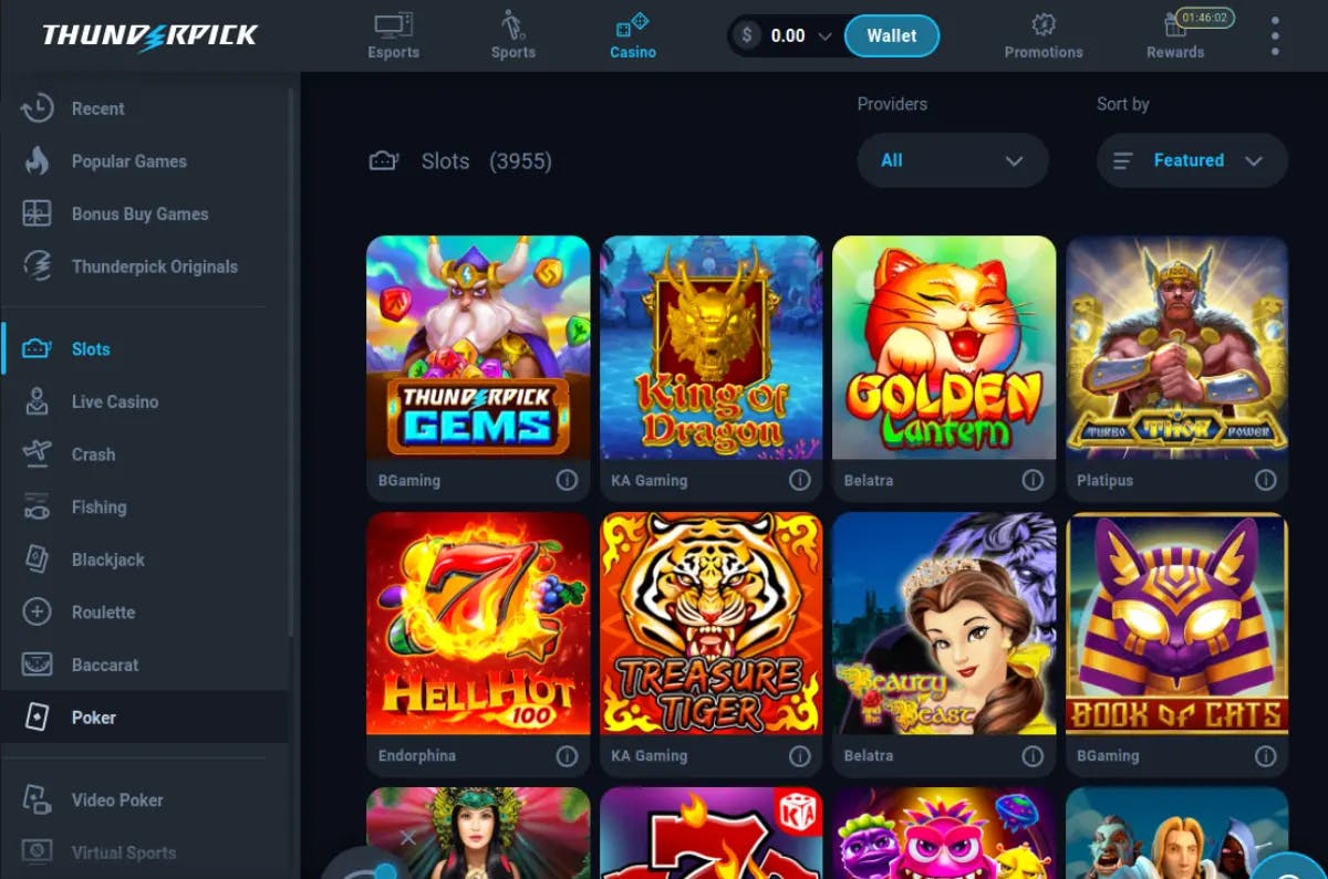 Screenshot of Thunderpick Casino's user interface showcasing a variety of slot games including 'Thunderpick Gems', 'King of Dragon', 'Golden Lantern', and more, with a navigation menu on the left and account balance at the top.