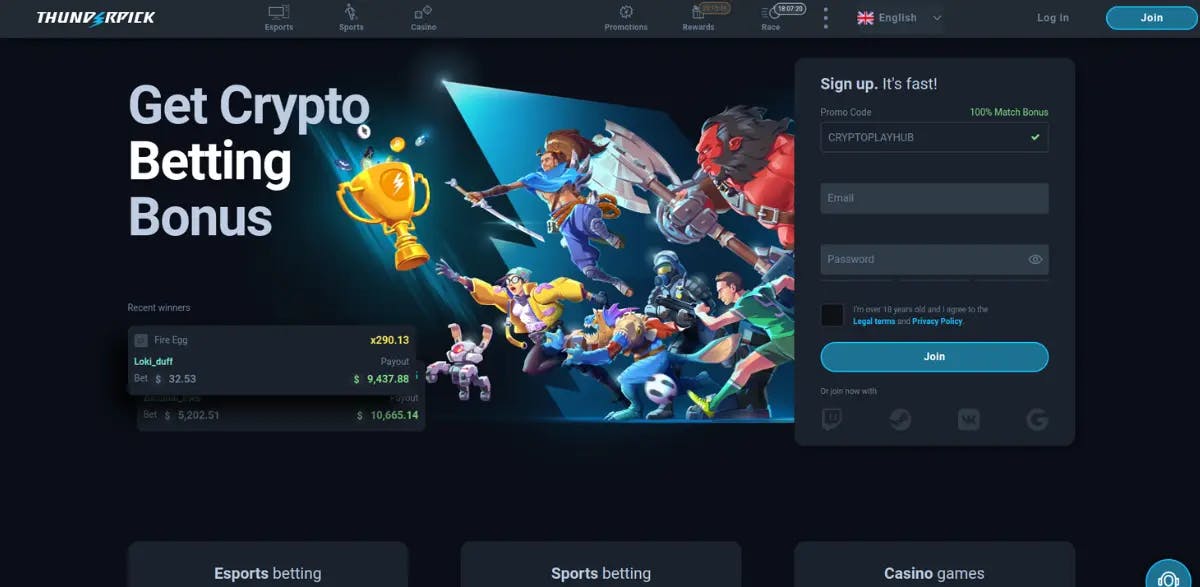 Screenshot of Thunderpick Casino's homepage featuring a vibrant display of animated characters competing for a golden trophy, with a clear call-to-action for a crypto betting bonus and a quick sign-up form for new users.