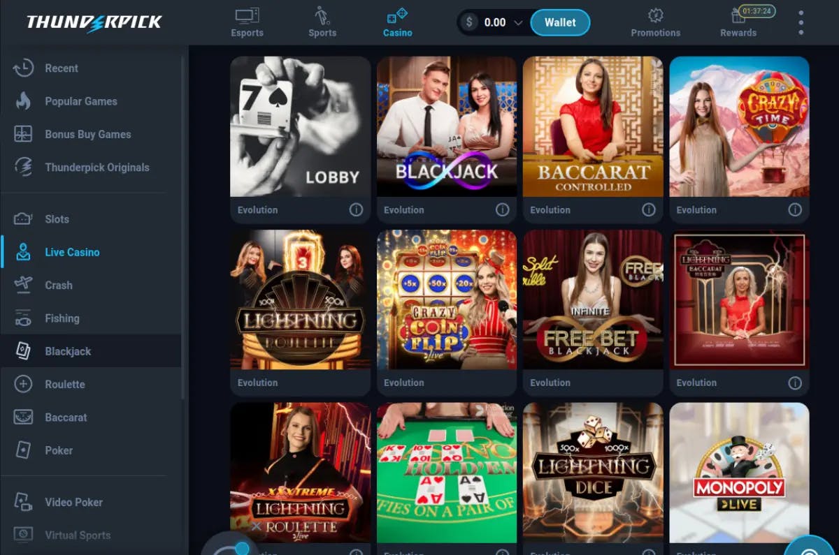Screenshot displaying Thunderpick Casino's live dealer game options including Blackjack, Baccarat, Lightning Roulette, Crazy Time, and more, featuring images of dealers and game visuals, with the casino's interface and a side menu.