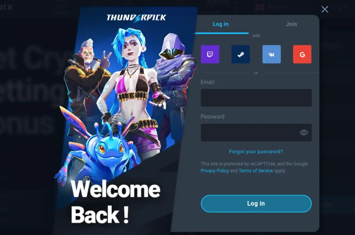 Screenshot of the Thunderpick login page featuring options to log in via social media or directly with an email and password. A "Welcome Back!" greeting is displayed alongside vibrant graphics of esports characters and a login button.