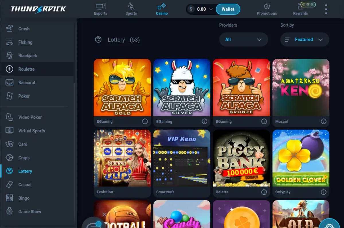 Screenshot of Thunderpick Casino's lottery game offerings with vibrant thumbnails for 'Scratch Alpaca Gold,' 'Amaterasu Keno,' and various other scratch and keno games, along with the casino's navigation menu on the left side.
