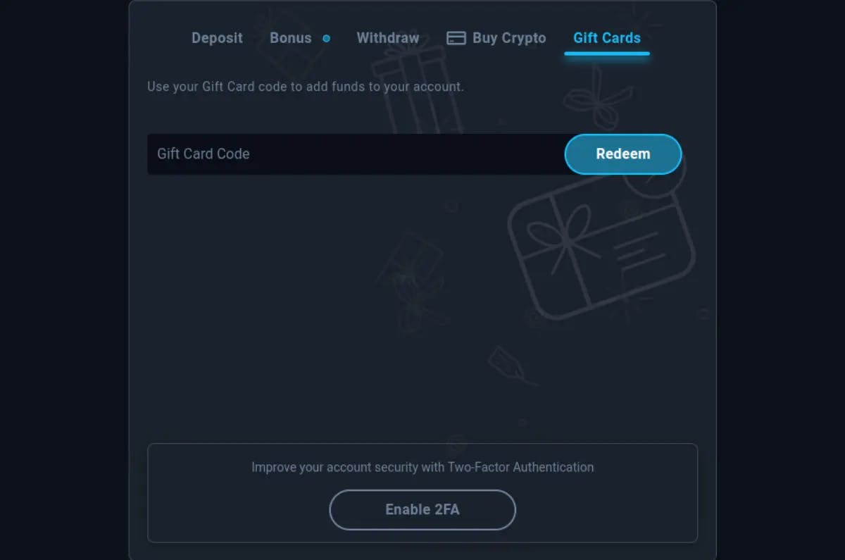 A screenshot of the Thunderpick deposit interface with the Gift Cards tab selected, showcasing the field to enter a gift card code for redeeming funds into a user's account.