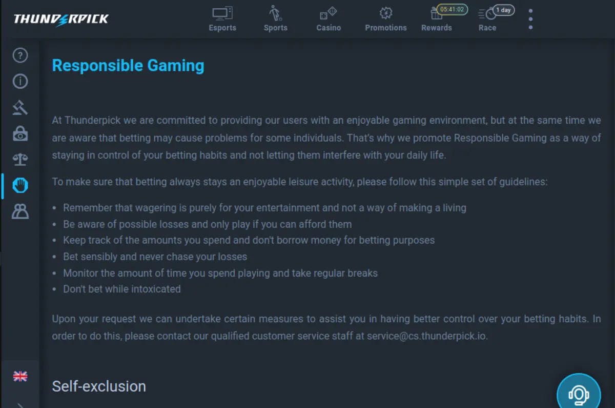 Screenshot of Thunderpick's Responsible Gaming page detailing their commitment to enjoyable and responsible betting. The page lists guidelines for safe gambling practices and provides contact information for customer service regarding self-exclusion options.