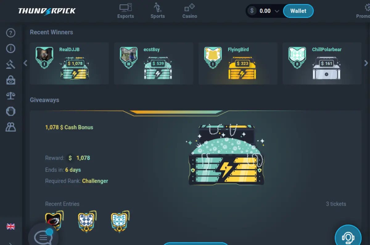 Screenshot of Thunderpick's Rewards page highlighting 'Recent Winners' with their cash prizes, and a 'Giveaways' section featuring a $1,078 cash bonus giveaway, its requirements, and countdown to the giveaway end.