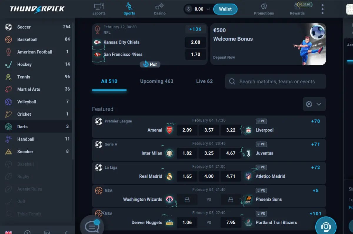 Screenshot of Thunderpick's sportsbook interface showing a variety of sports categories, including Soccer, Basketball, and American Football, along with a list of featured matches with odds from leagues like the Premier League, Serie A, and NBA.