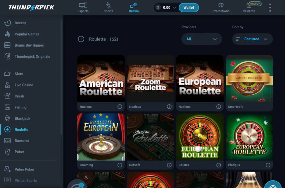 Screenshot of Thunderpick Casino's roulette games section displaying a variety of roulette options such as 'American Roulette', 'Zoom Roulette', and 'European Roulette', with game thumbnails and providers indicated below each game, all within Thunderpick's sleek gaming interface.