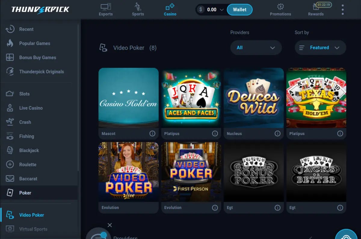 Screenshot highlighting Thunderpick Casino's variety of video poker games including 'Casino Holdem,' 'Aces and Faces,' 'Deuces Wild,' and more, with each game's graphic and provider displayed on the user interface along with the platform's sidebar menu.
