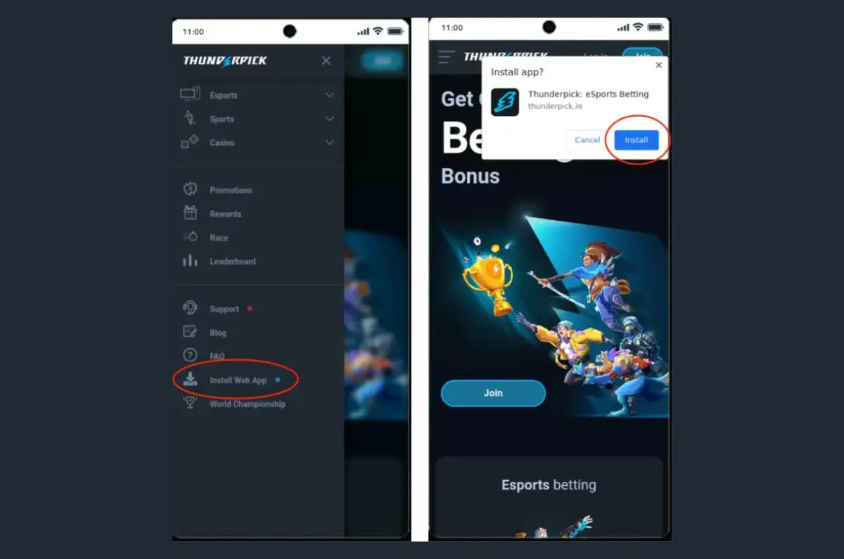 Screenshot showing a side-by-side comparison of a mobile device displaying Thunderpick's menu with an option circled for 'Install Web App' and another screen prompting the installation of 'Thunderpick: eSports Betting' app, with vibrant esports imagery in the background.