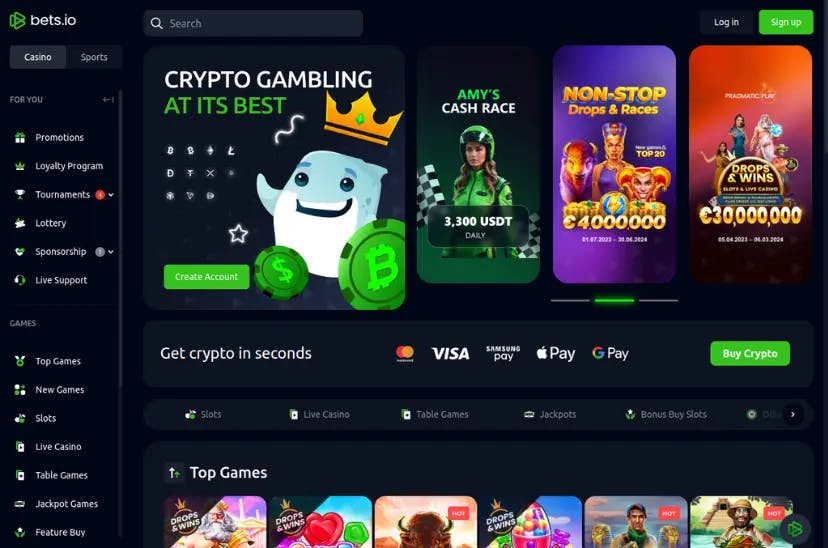 Screenshot of Bets.io's Homepage, showcasing the platform's features and layout.