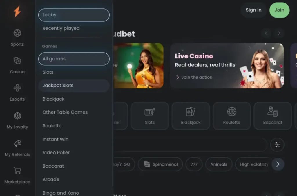 Screenshot of CloudBet's Homepage, showcasing the platform's features and layout.