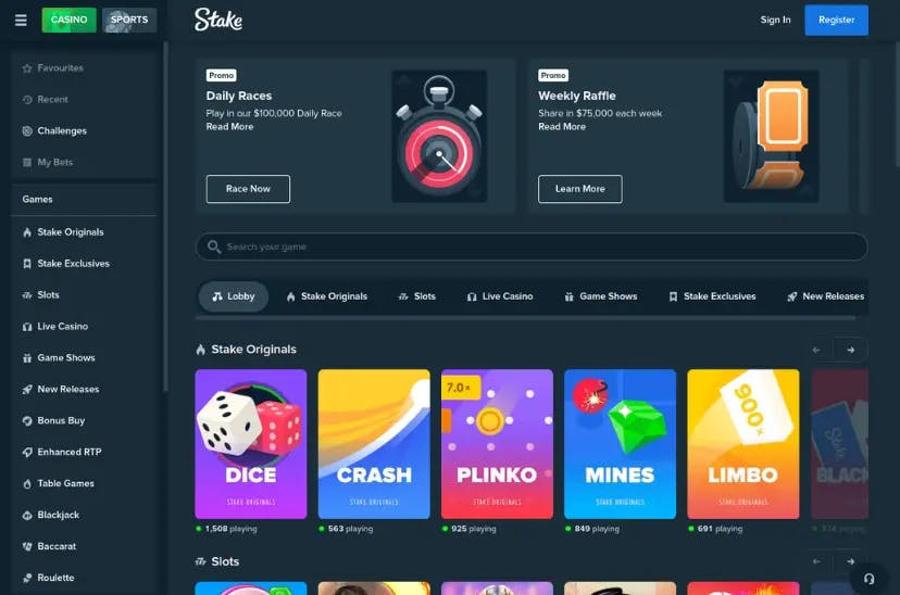 Screenshot of Stake's Homepage, showcasing the platform's features and layout.
